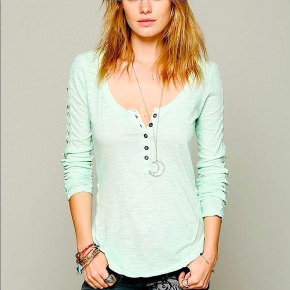 Light mint/teal Free People Shell stitch Henley with ribbon - Picture 3 of 12